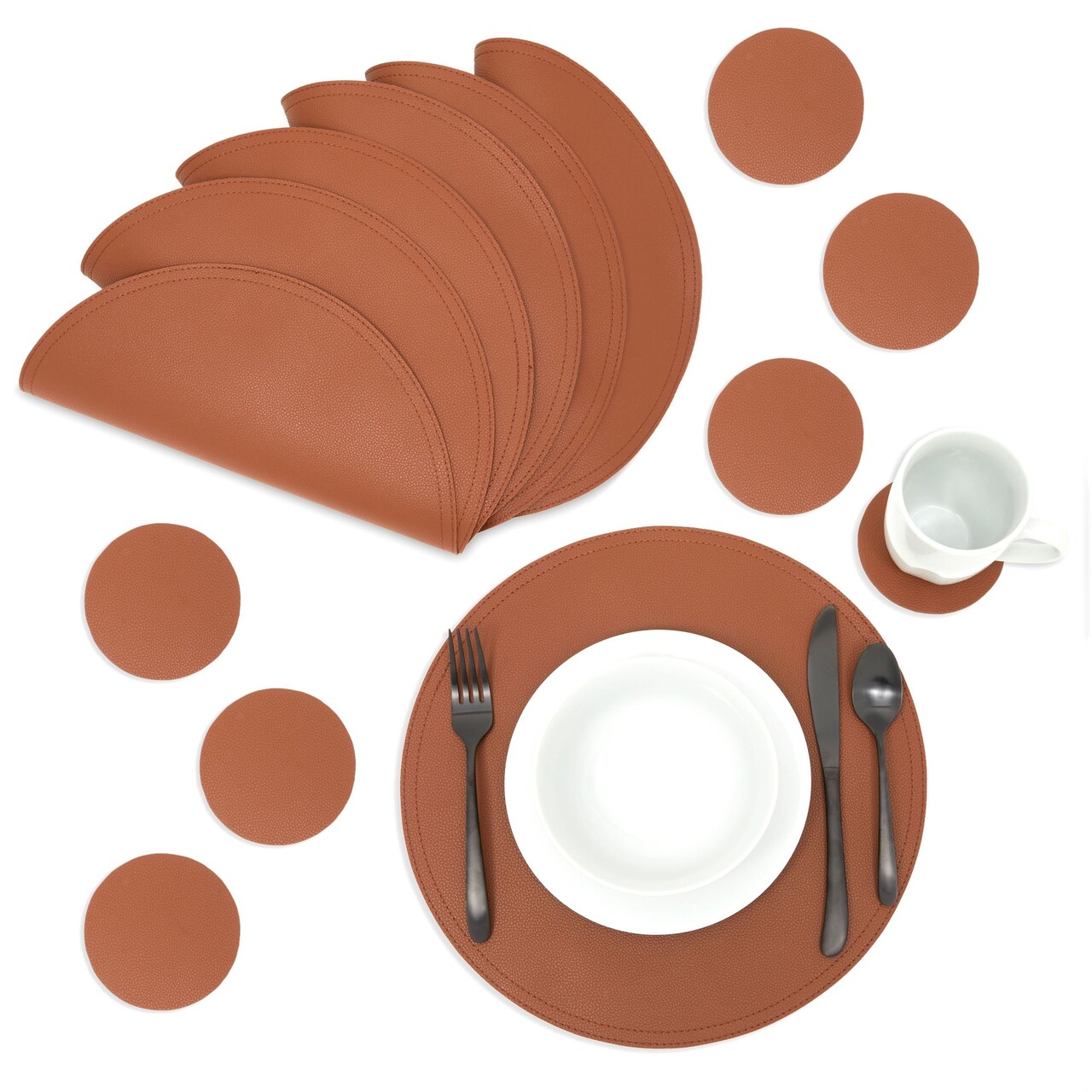 Set of 6 Brown Faux Leather Round Placemats with Matching Coasters - Circle Table Mats for Dining Room, Kitchen (12 pcs, 13.4 Inch)